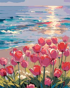 a painting of pink tulips on the beach by the ocean with sunset in the background