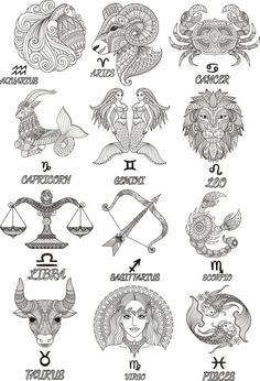 zodiac signs are drawn in black and white