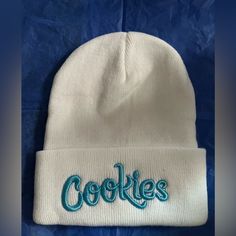 100% Cotton Cookies Hat Onesize Fits All Cookies Beanie Outfit, Casual White Brimmed Beanie, White Cotton Beanie Hat, White Brimmed Beanie For Winter, White Cotton Beanie One Size Fits Most, White Winter Hat, One Size Fits Most, White Cotton Beanie (one Size Fits Most), White Cotton Beanie One Size, Trendy White Beanie One Size