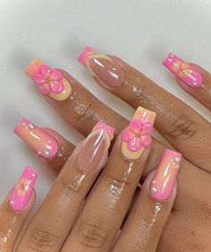 pink and yellow floral acrylic nail set Summer Acrylic Nails, Short Acrylic Nails Designs, Beach Nails