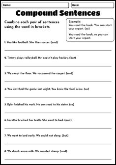 the compound sentence worksheet is shown in black and white, with two words