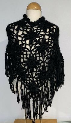 Jedzebel Women’s Black Acrylic Fringe Poncho Flower Weave Small NWOT. Handmade Black Poncho For Festivals, Black Bohemian Crochet Poncho, Handmade Black Shawl Poncho, Handmade Black Poncho One Size, Fringe Poncho, Fringed Poncho, Black Acrylic, Black Acrylics, Scarf Wrap