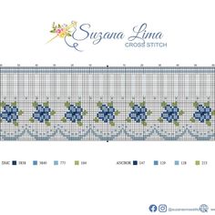 a cross stitch pattern with blue flowers and leaves on the border is shown in this image