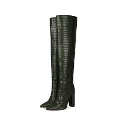 Shop Dark Green Croc-Embossed Womens Chunky Heel Wide Calf Thigh High Boots color Green for Anniversary, Party, Travel with worldwide Free shipping & Free return. Wide Calf Thigh High Boots, Croc Boots, Crocs Boots, Thigh High Boots Heels, Womens Chunky Heels, Boots Womens, Wide Calf, Anniversary Party, Shoe Size Chart