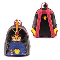 Loungefly: Disney Aladdin - Jafar Villains Scene Mini Backpack Product Description: Faux leather mini backpack with trim Glitter and faux leather applique and debossed printed details Features a top zipper closure and front zippered pocket Enamel Zipper Charm Adjustable straps Matching themed lining Bag Dimensions: 9” W x 10” H x 4” D Disney Leather Backpack For Disney Trips, Disney Leather Backpack For School, Disney Leather School Backpack, Aladdin Jafar, Leather Applique, Loungefly Bag, Disney Aladdin, Loungefly Disney, Zipper Charms