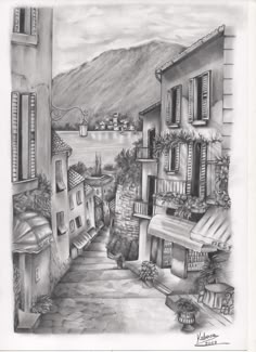 a pencil drawing of an alley way with buildings and mountains in the backgroud