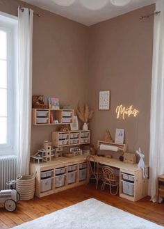 a child's room with lots of storage and toys