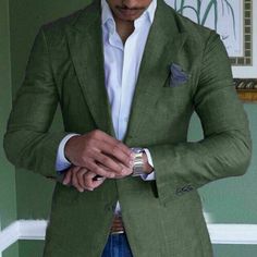 Plain Blazer, Beach Jacket, Chique Outfit, Elegant Blazers, Stylish Blazer, Casual Chique, Green Suit, Lapel Blazer, Mens Linen