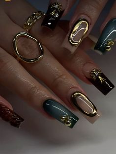 Uk Nails Designs, Mexican Inspo Nails, Ahs Nails Ideas, Ahs Style Nails, Ahs Nails, Dark Green Nails With Gold, Nails Maximalist, Gang Nails, Nail Designs Crazy