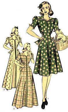 "Originally by Hollywood, 'One-piece dress or house-coat in instep length or shorter. Front panel in one from neck to hem, with a slide-fastener (zipper) closing. A tied sash conceals the joining of the waist and skirt at sides. Short sleeves gathered at top. Shaped pockets. Self ruffling or braid trimming'. Olivia de Havilland was featured on the front of this pattern for her role in \"Strawberry Blonde\". A Warner Bros. Picture. This, as do many of my patterns comes with fully illustrated inst Retro Advertisements, Sewing Ephemera, Olivia De Havilland, Aprons Patterns, Motif Vintage, 1940s Fashion, Strawberry Blonde, House Dress, Dress Sewing Patterns