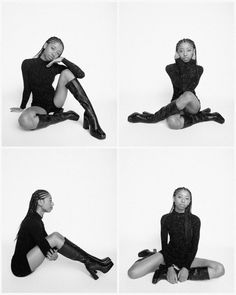 black and white photos of a woman sitting on the floor with her legs crossed in different positions