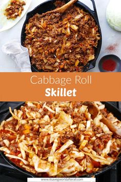 cabbage roll skillet photos separated by text box with recipe name Beef And Cabbage Skillet, Ground Beef Cabbage, Cabbage Skillet, Recipe With Ground Beef, Ground Beef And Cabbage, Lamb Dinner, Beef Cabbage