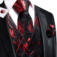 Black and Red Floral Vest Set vest set S (Chest 40")   - Sophisticated Gentlemen Wedding Suits Red And Black, Suits Men Black And Red, Male Clothing Styles, Oc Clothes Outfit Ideas, Men’s Gothic Wedding Suit, Cool Mens Outfits, How To Tie A Tie, Black And Red Fantasy Outfit Male, Corset Vest Men Red