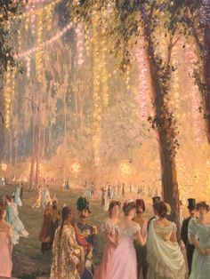 an image of a painting of people in the park with lights strung from trees above them