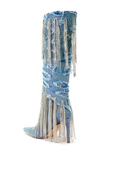 Denim Cowgirl Boots, Denim Cowgirl, Denim Rhinestone, Imvu Outfits, Rhinestone Fringe, Cut Clothes, Cowgirl Boot, Heeled Mules Sandals, Denim Boots