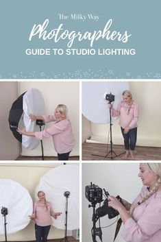 a woman in pink is holding a camera and posing for pictures with the words photography guide to studio lighting