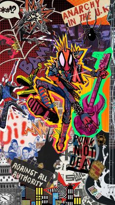 a collage of various stickers and graffiti on a white background, including an image of a man playing the guitar