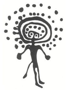 a black and white drawing of a person with circles on it's head, holding an object in his hands