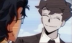 two anime characters one is wearing a suit and the other has a tie on his neck