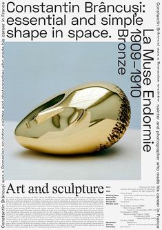 an advertisement for the art and sculpture exhibition, featuring a golden object with black lettering on it