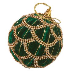 a green ornament with gold trimmings and beading on the top