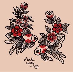 two koi fish with flowers and leaves on their heads, one is pink lady