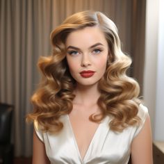 If you're aiming for old Hollywood glamour, vintage waves are the way to go. Picture glossy, sculpted waves cascading elegantly down your shoulders, reminiscent of iconic movie stars. Achieve this look with a curling iron and ample setting spray to ensure your waves stay in place all day long. Old Hollywood Finger Waves, Classy Hollywood Hair, Old Hollywood Glam Curly Hair, Medium Hollywood Waves, Hollywood Curls Brunette, Classic Wavy Hair Vintage Curls, Vintage Wedding Makeup Bridal Looks Make Up Hollywood Glamour, 1940s Waves Hair, Old Hollywood Glam Curls