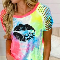 Skull & Crossbones Lips Ripped Raglan Sleeve Tie Dye T-shirt available in T-shirt, hoodie, tank top, longsleeve, multi color and size S M L XL XXL 3XL 4XL 5XL. Shipping from the US. Easy 30 day return policy - Shop now! 6.1-ounce, 100% cotton .Double-needle neck, sleeves and hem; Roomy Unisex Fit. Ash is 99% cotton, 1% poly; Sport Grey is 90% cotton, 10% poly; Dark Heather is 50% cotton, 50% polyester .Decoration type: Digital Print. Made by Gildan Diy Ripped Shirt Tees, Skull Print Crew Neck Top For Summer, Skull Print Tops For Spring Streetwear, Casual Skull Print Top For Fall, Trendy Skull Shaped Tops For Fall, Punk Multicolor Tops For Streetwear, Trendy Skull Print Top For Spring, Multicolor Cotton Top For Halloween, Tie Dye Tops For Fall Streetwear