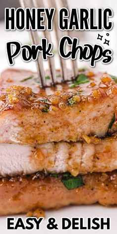 there are two pieces of pork chops on top of each other with the words honey garlic pork chops