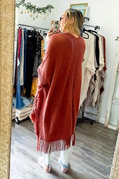 Looking for a stylish and fun way to stay warm this winter? Check out our Open Work Frayed Bohemian Ruana! This cute and cozy wrap is perfect for chilly days and nights, and can be dressed up or down to suit any occasion! #lovemyleto 100% Acrylic Imported Cozy Soft Knit Poncho For Fall, Bohemian Knit Poncho With Fringe, Casual One Size Fringe Shawl, Casual One-size Shawl With Fringe, Cozy Outerwear For Cold Weather One Size, Cozy One-size Outerwear For Cold Weather, Bohemian Knit Shawl, Bohemian Shawl For Fall Layering, Bohemian Knit Shawl One Size