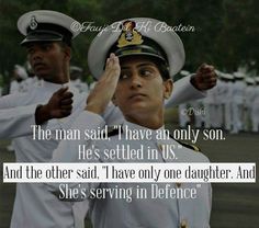 two navy officers saluting each other in front of an image with the caption, she's serving in defence