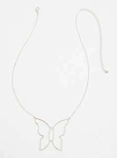 A butterfly-shaped charm shimmers on a silver chain to give this delicate necklace an eye-catching look. Lobster clasp. 19” length and 5” extender. Man-made materials. Imported. The best plus size women's silver-tone butterfly wire necklace necklaces in silver. Torrid is your destination for the freshest spring and summer styles. Silver Minimalist Butterfly Necklace With Adjustable Chain, Trendy Silver Butterfly Necklace With Adjustable Chain, Metal Butterfly Necklace With Adjustable Chain, Adjustable Metal Butterfly Necklace, Trendy Silver Necklace With Butterfly Charm, Butterfly Necklace With Adjustable Chain In Metal, Trendy Adjustable Silver Butterfly Necklace, Silver Butterfly Necklace With Clavicle Chain, Trendy Silver Butterfly Necklace