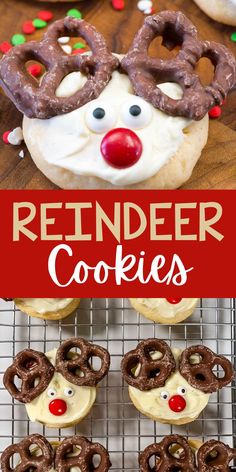 reindeer cookies on a cooling rack with pretzels