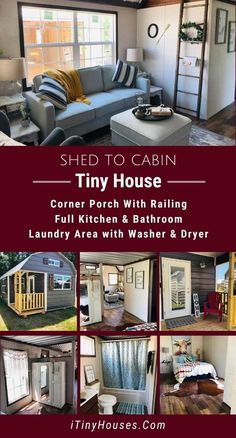 the tiny house is shown with pictures of it's interior and living room area