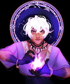 a woman with white hair holding a purple light in her hands