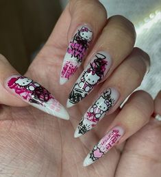 Stiletto Nails White, Hello Kitty Nail Designs, Aesthetic Nails Ideas, Aesthetic Hello Kitty, Nails Cartoon, Paznokcie Hello Kitty, Cartoon Nails, Punk Nails, Anime Nails