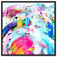 an abstract painting in pink, blue and yellow