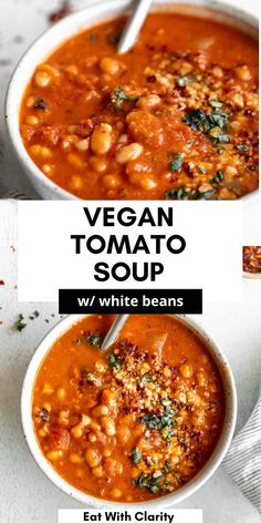 two bowls of vegan tomato soup with white beans