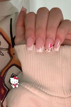 Paznokcie Hello Kitty, Feel Something, Hello Nails, Hello Kitty Nails, French Acrylic Nails, Short Square Acrylic Nails, Really Cute Nails, Soft Nails