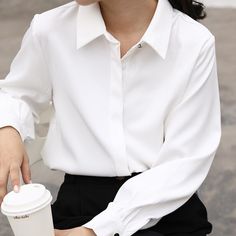 Turn-Down Collar Single-Breasted Long Sleeve White Shirt White Long Sleeve Office Tops, White Long Sleeve Tops For Office, White Plain Office Tops, White Plain Top For Office, White Plain Office Top, Solid Shirt With Casual Collar For Work, White Spread Collar Blouse For Office, White Spread Collar Blouse For Fall, White Dress Shirt With Button Closure For Fall