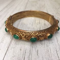 Vintage Chinese Filigree Silver Vermeil and Jade Hinged - Etsy Vintage Cabochon Bangle Jewelry, Vintage Green Bangle For Wedding, Vintage Cabochon Bangle Bracelets, Vintage Cabochon Bangle Bracelet, Vintage Gold Bangle With Gemstone, Wedding Bangle Bracelet With Cabochon, Antique Cabochon Bracelets For Wedding, Vintage Gemstone Cuff Bracelet, Vintage Gemstone Cuff Bracelet Bangle