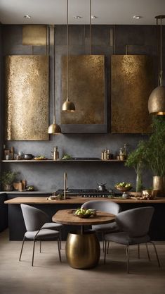 a modern kitchen with gold accents and black walls, an oval dining table surrounded by grey upholstered chairs