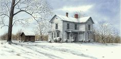 a painting of a white house in the winter with snow on the ground and trees