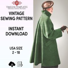 a woman wearing a green coat and hat with the text vintage sewing pattern instant download