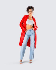 Why put out the fire when you can start it 😏 Featuring a white tank top, blue denim straight leg jeans, and a red vegan leather coat - seeing you in this fit will leave them all burnin’ up 🔥 Red Denim Trendy Outerwear, Red Trendy Denim Outerwear, White Tank, White Tank Top, Leather Coat, Straight Leg Jeans, Vegan Leather, Blue Denim, Straight Leg