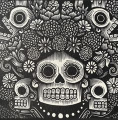 a black and white drawing of a skull with flowers in it's head, surrounded by smaller skulls