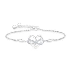 From the Hallmark Diamonds Collection, this bolo bracelet marries two iconic symbols and is inspired by the sentiment of Joy. Crafted in sterling silver, this bracelet features a central station of a heart intertwined with a diamond studded infinity symbol design that is decorated on each end with arrow details. This station is set on a wheat chain with a bolo clasp closure which allows the bracelet to be adjustable, ensuring the perfect fit. The diamonds are 1/10ctw, I in color, and I3 in clari Sterling Silver Heart Bracelet For Anniversary, Classic Adjustable White Gold Heart Bracelet, Sterling Silver Heart Bracelet With Adjustable Chain For Anniversary, White Gold Double Heart Bracelets For Anniversary, Adjustable Fine Jewelry Heart Bracelet For Anniversary, Adjustable Diamond Heart Bracelet For Valentine's Day, White Gold Heart Bracelet For Anniversary, Adjustable Sterling Silver Heart Bracelet For Anniversary, Adjustable White Gold Heart Bracelet For Mother's Day