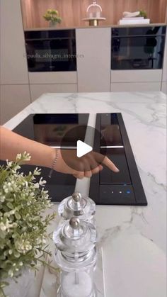 a person is pointing at something on the counter top in front of a potted plant