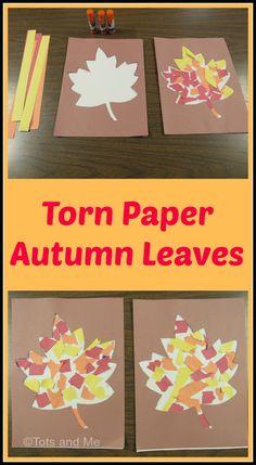 four autumn leaves made out of paper and colored pencils on top of a table