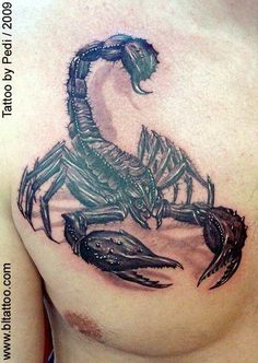 a man's chest with a scorpion tattoo on it